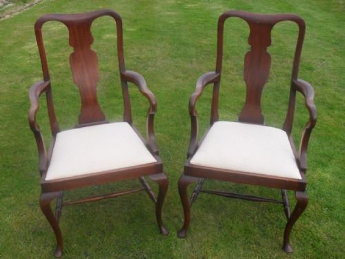Pair of Mahogany Queen Anne Style Carver Armchairs