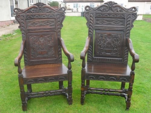 Matched Pair of Victorian Carved Oak Wainscot Armchairs