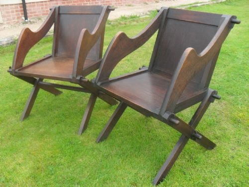 Pair of Oak Crossframe Glastonbury Elbow Armchairs