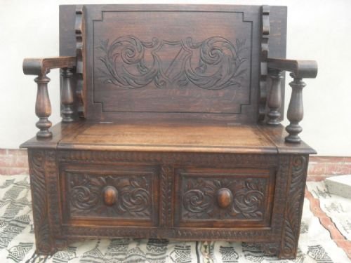 Victorian Carved Oak Monks Bench Settle with Storage