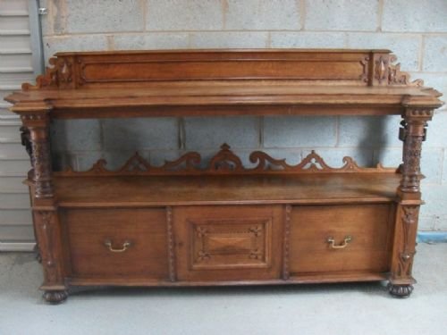 Victorian Gothic Carved Oak Two Tiered Sideboard