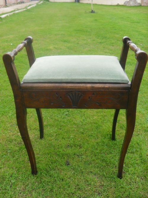 Carved Beech Piano Stool with Upholstered Storage Seat