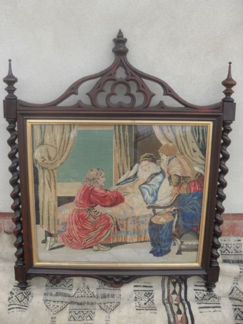 Victorian Rosewood Gothic Influenced Framed Woolwork Picture