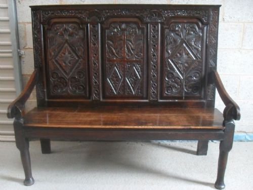 18th Century Carved Oak High Back Triple Panel Settle
