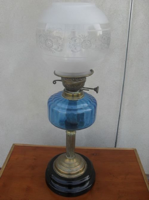 Victorian Brass Column and Blue Glass Oil Lamp
