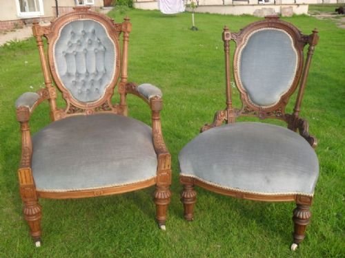Pair of Victorian Walnut Showood Ladies & Gents Chairs