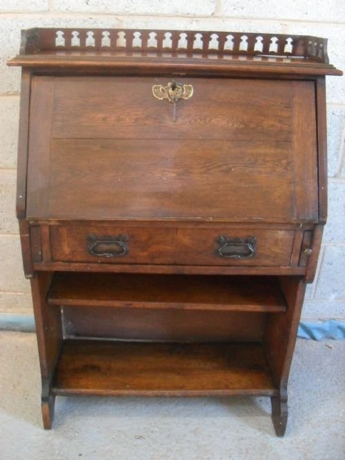 Oak Galleried Top Writing Bureau Bookcase