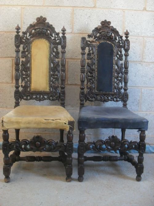 Pair of Victorian Ebonised Carved Oak Hall/side Chairs