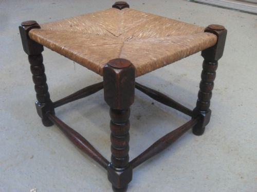 Victorian Oak Bobbin Leg and Rush Seated Stool