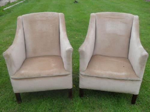 	
Pair of Edwardian Upholstered Boxed Armchairs on Oak Frames