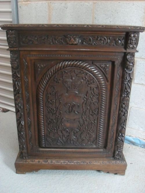Victorian Carved Oak Side Cabinet/cupboard with Green Oak Man Drawer