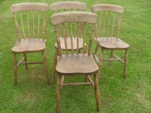Set of Four Elm and Beech Victorian Kitchen Dining Chairs