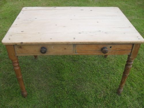 Victorian Pitch Pine Kitchen Dining Table with Turned Legs and Drawer