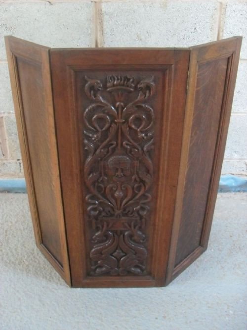 Victorian Solid Carved Oak 2 Fold Fire Screen
