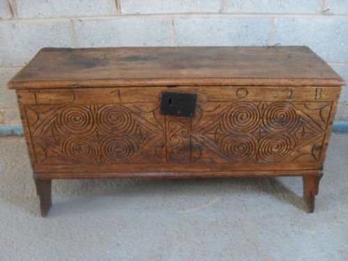 18th Century Vernacular Carved Elm Plank Coffer