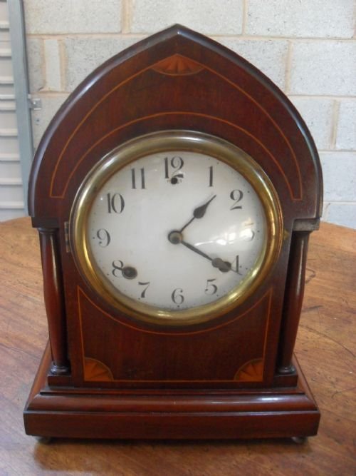 Edwardian Mahogany and Boxwood Inlaid 8 Day American Mantle Clock