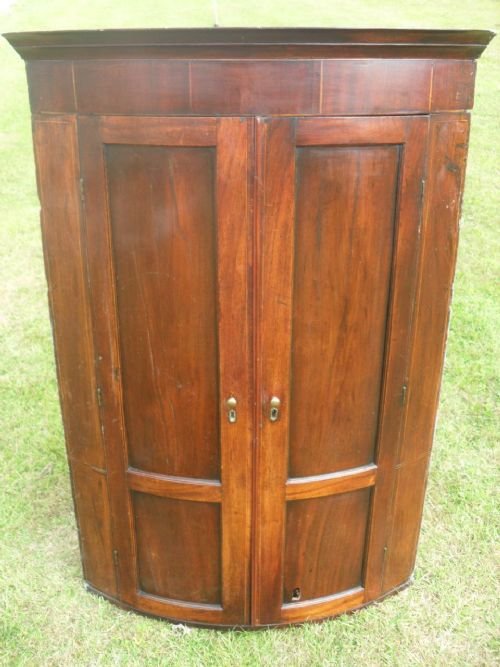 Georgian Mahogany and Satinwood Strung 2 Door Cylinder Corner Cabinet