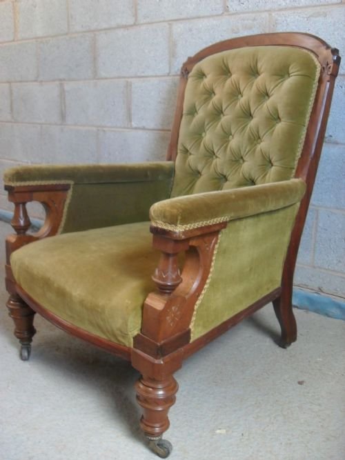 Victorian Walnut Gothic Show Wood and Button Back Armchair