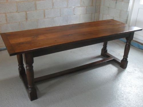 Oak Plank Top Refectory Dining Table with Turned Legs and H Stretcher