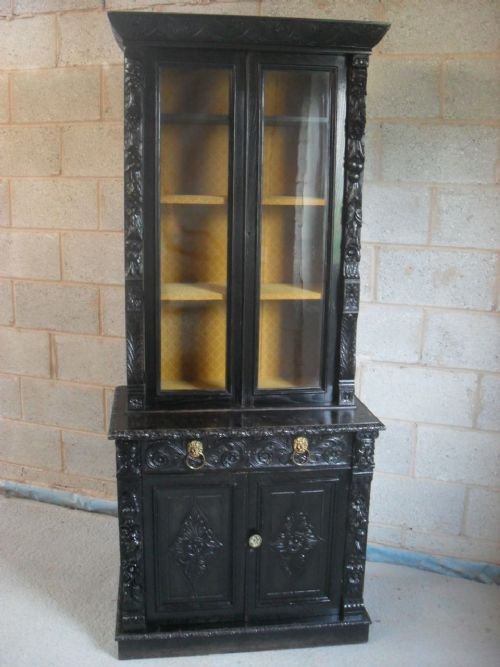 Victorian Ebonised Carved Oak Glazed Bookcase/cabinet