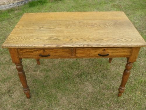 Victorian Golden Oak 2 Drawer Desk/table with Turned Legs