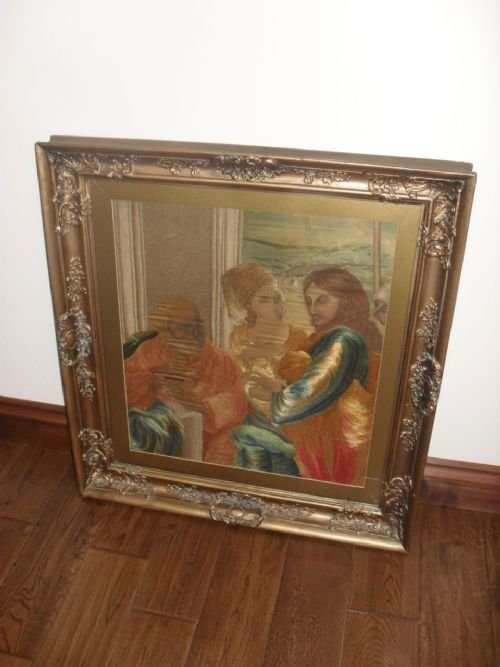 19th Century Silk Picture in Ornate Gilt Gesso Frame