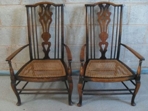 Pair of Bergere Caned Oak Splat and Spindle Back Open Armchairs