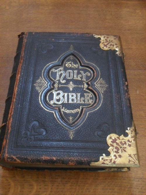 Victorian Illustrated Holy Bible with Ornate Edgings and Clips