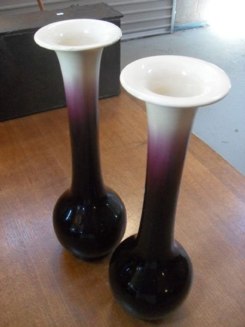 Pair of 19th Century Long Necked Creme and Aubergine Vases