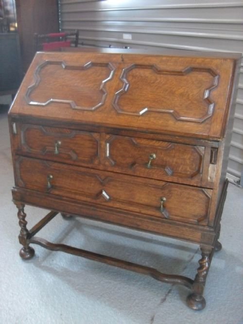 Superb Geometric Panelled Golden Oak Bureau