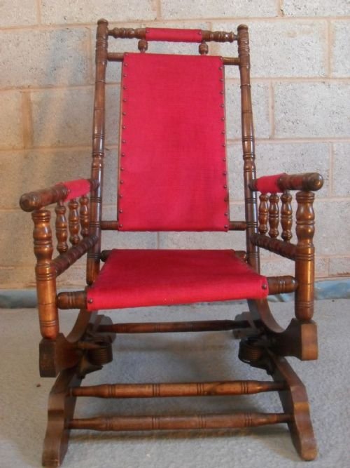 American Beechwood Turned and Upholstered Rocking Armchair
