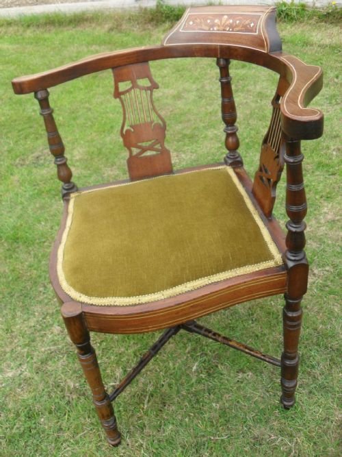 Edwardian Inlaid Scroll Arm Corner Chair
