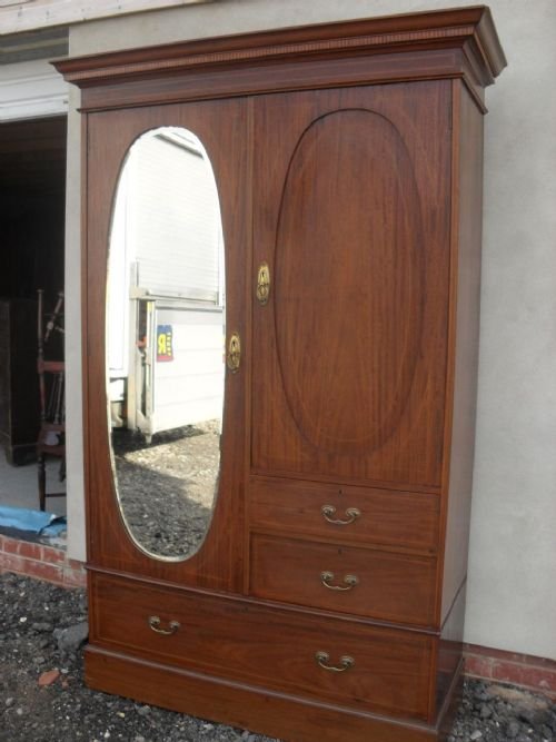 Edwardian Inlaid Mahogany Compactum Bevel Oval Mirrored Wardrobe