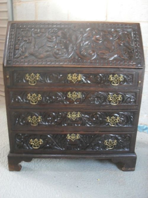Georgian Carved Oak Bureau Chest/desk