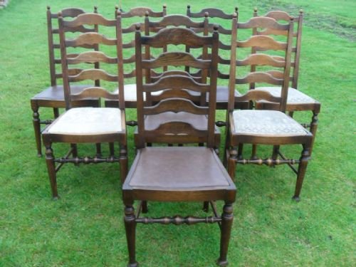 Set of 8 Oak High Ladder Back Dining Chairs
