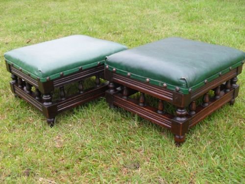 Pair of Edwardian Rexine Upholstered Oak Stools