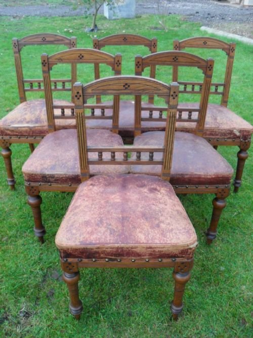 Set of 6 Leather Upholstered Victorian Oak Gothic Dining Chairs