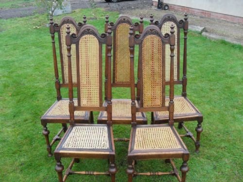 Set of 5 Carolean Style Oak High Back Bergere Dining Chairs