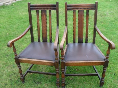 Pair of Oak Open Slat Back Carver Armchairs