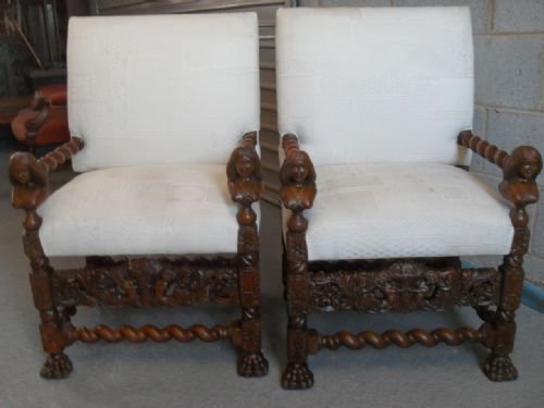 Great Pair of Victorian Carved Oak Open Upholstered Arm/side Chairs