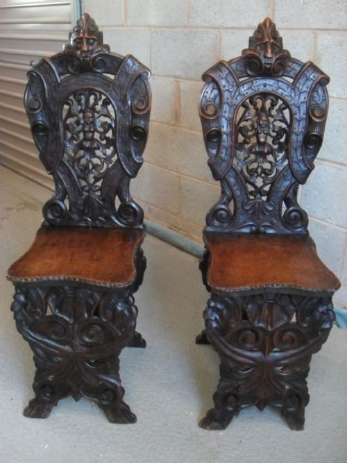 Superb Pair of Flemish Pierced and Carved Oak Hall/side Chairs