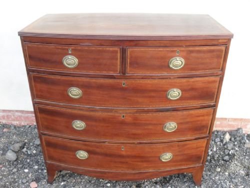 Victorian/edwardian Mahogany and Box Inlaid and Strung Bow Front Chest of 2 Over 3 Drawers