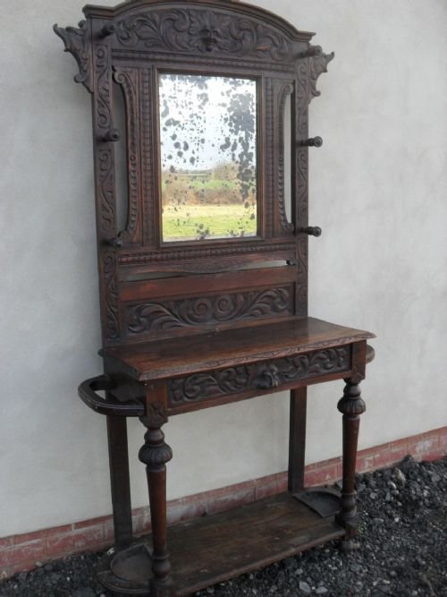 Victorian Carved Oak Bevel Mirror Hall Coat/hat/stick Stand