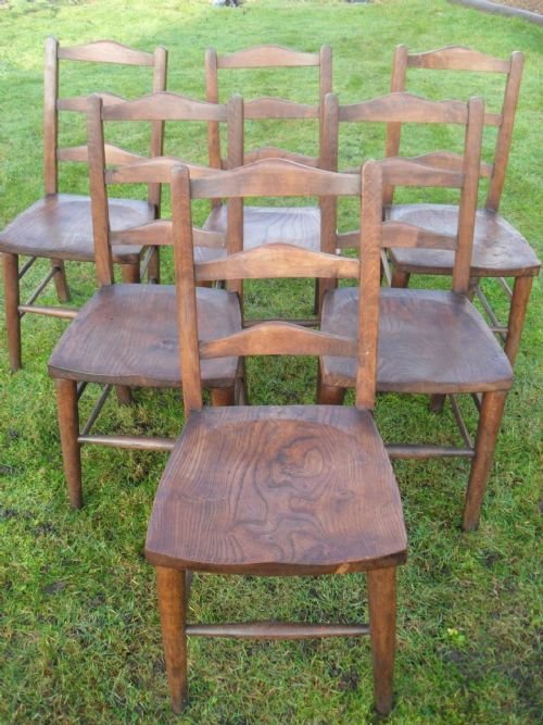 Set of Six 19th Century Elm Ladder Bar Back Dining Kitchen Chairs