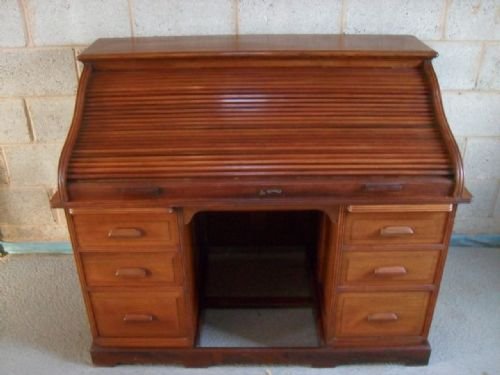 Superb Panelled Teak Roll Top Pedestal Desk