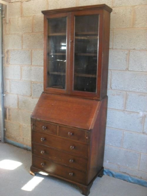 Solid Oak Bureau Bookcase Cabinet with Glazed Doors
