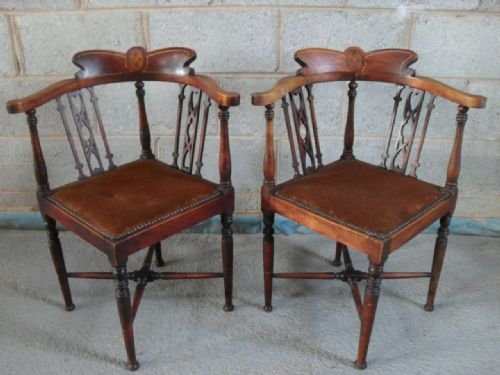 Pair of Late Victorian Inlaid Mahogany Corner Armchairs
