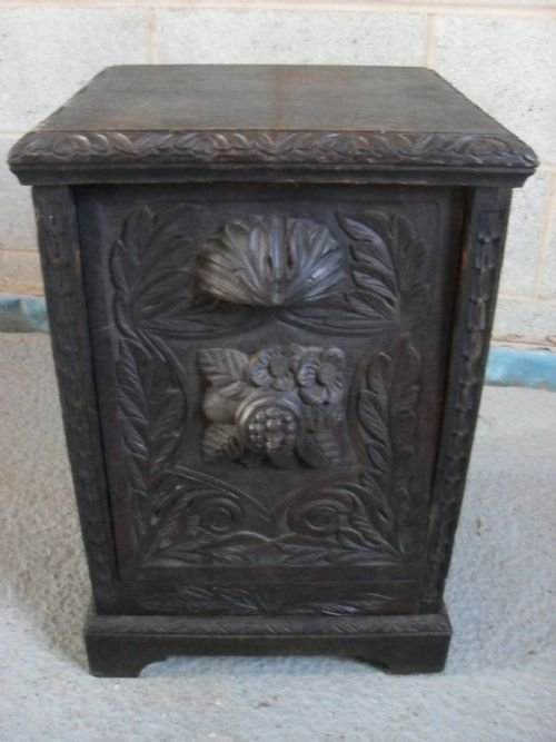 Victorian Dark Carved Oak Drop Front Fireside Purdonium / Coal Bucket with Metal Inliner