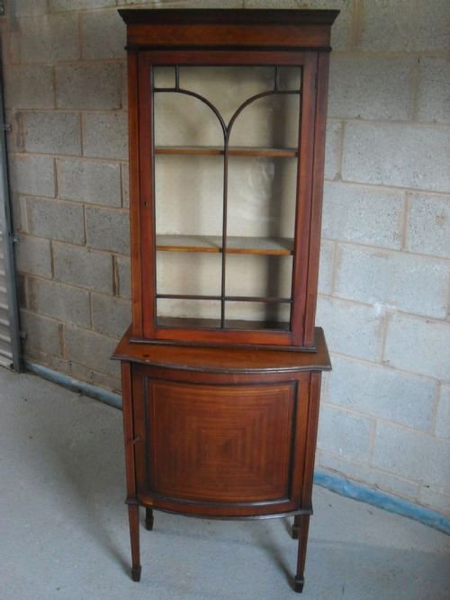 Edwardian Slim Inlaid Mahogany 2 Piece Display Cabinet and Bow Cupboard