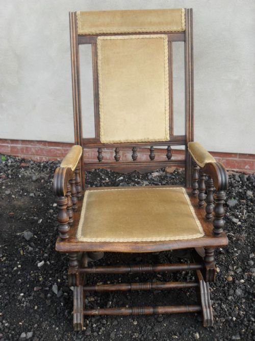 19th Century Beechwood American Rocking Chair with Gold Braided Upholstery